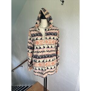 O'NEILL Ivory Pink Black Orange Wave Fleece Pocket Hooded Pullover Sweatshirt L